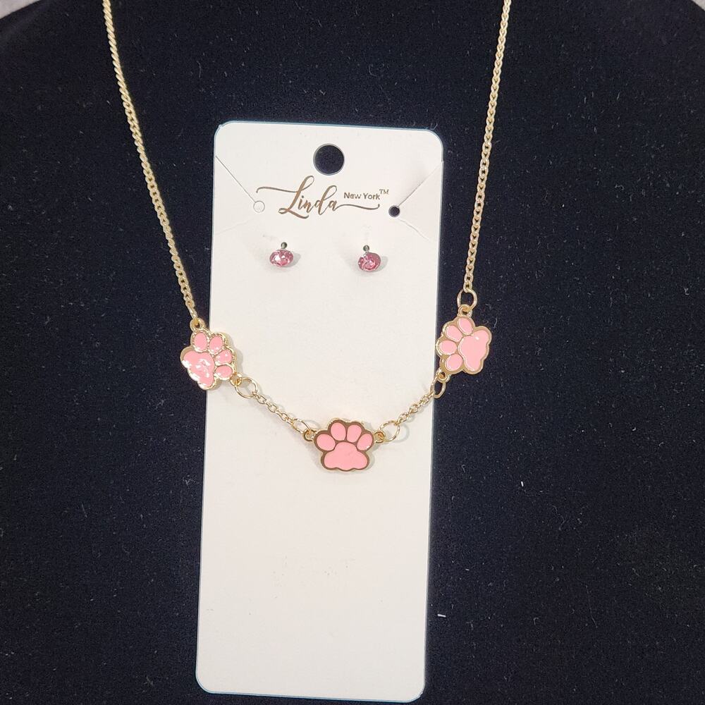 Pink Puppy Paw Print Enamel Necklace, Matching Stud Rhinestone Earrings Jewelry